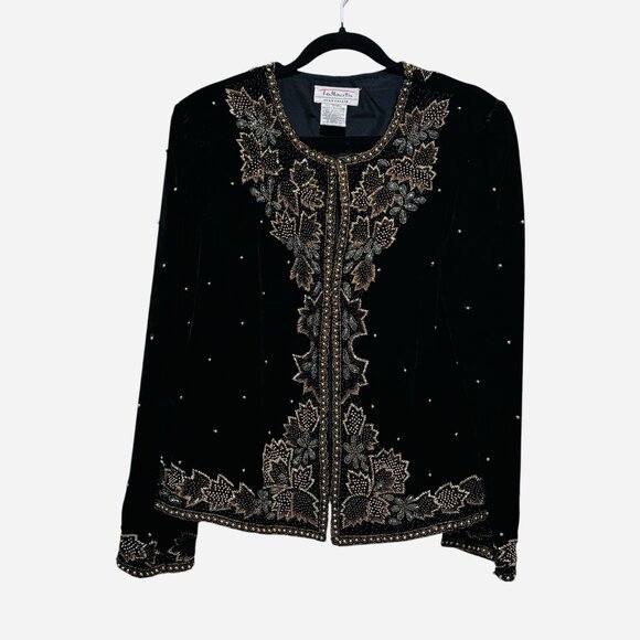 Vintage Beaded Black Velvet Gold Copper Luxurious Formal Womens Jacket Size 18 - Picture 3 of 14